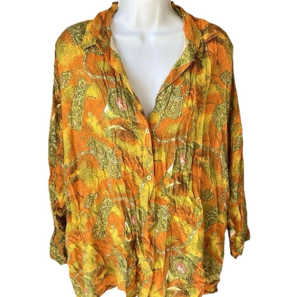 VTG SA2 Women Plus 2X Orange Tropical Button Blouse Crinkle Boho Fairy Hippie